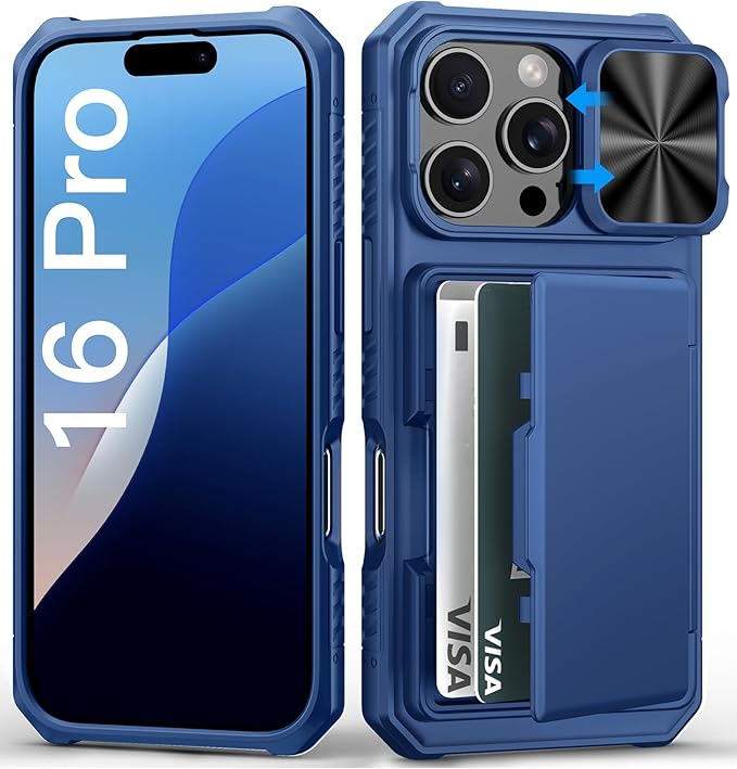 iPhone 16 Pro Case with Card Holder, Slide Camera Cover, Military-Grade Protection, Blue