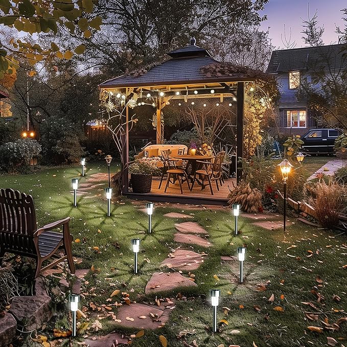 12 Pack Stainless Steel Solar Pathway Lights IP44 Waterproof Auto On Off Cold White Garden Lights