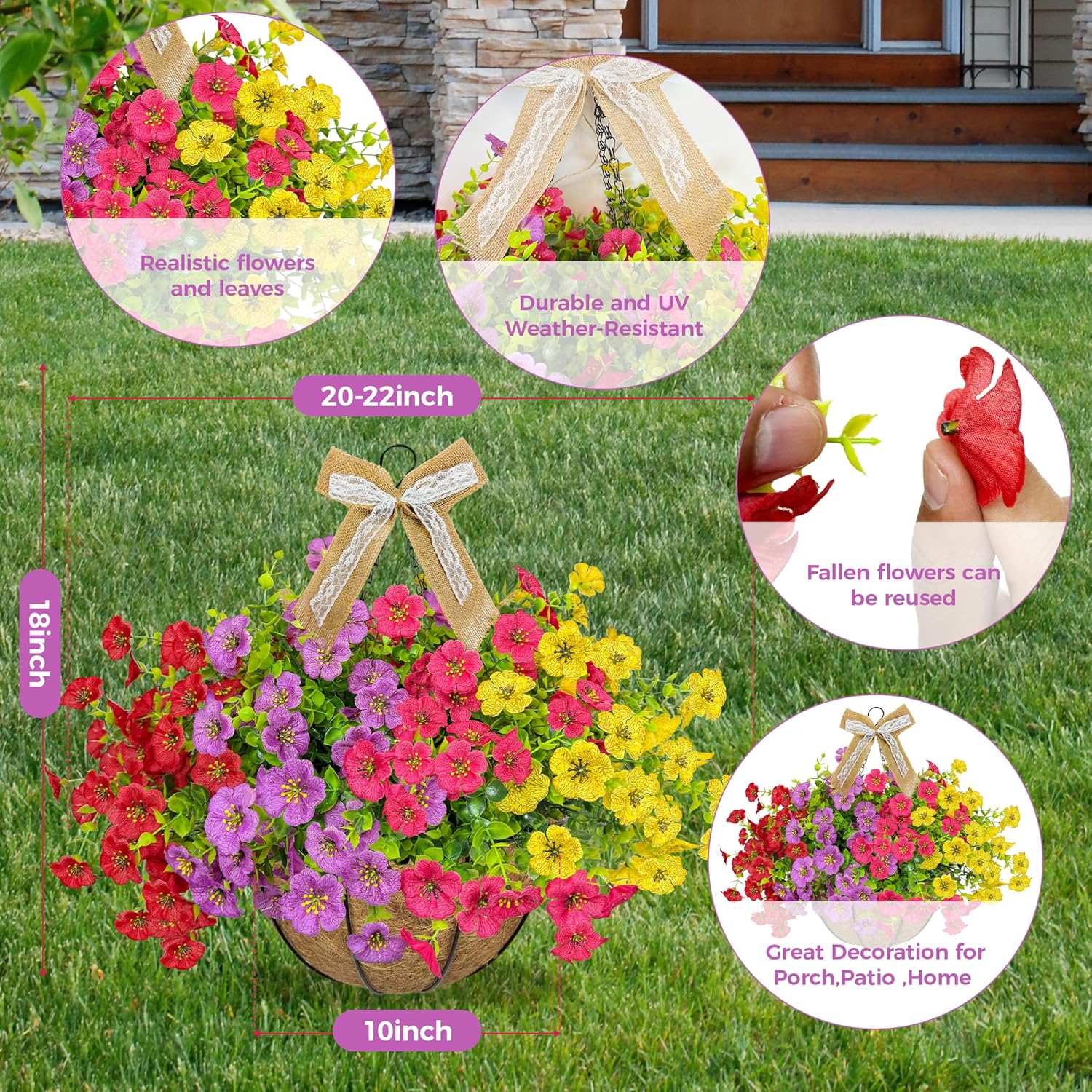 3 Pack Artificial Hanging Flower Baskets With Linen Bows, Decorative Fake Hanging Planters With 36 Pcs Uv Resistant Flowers For Spring Summer Indoor Outdoor Garden Porch Decor(Multicolour)
