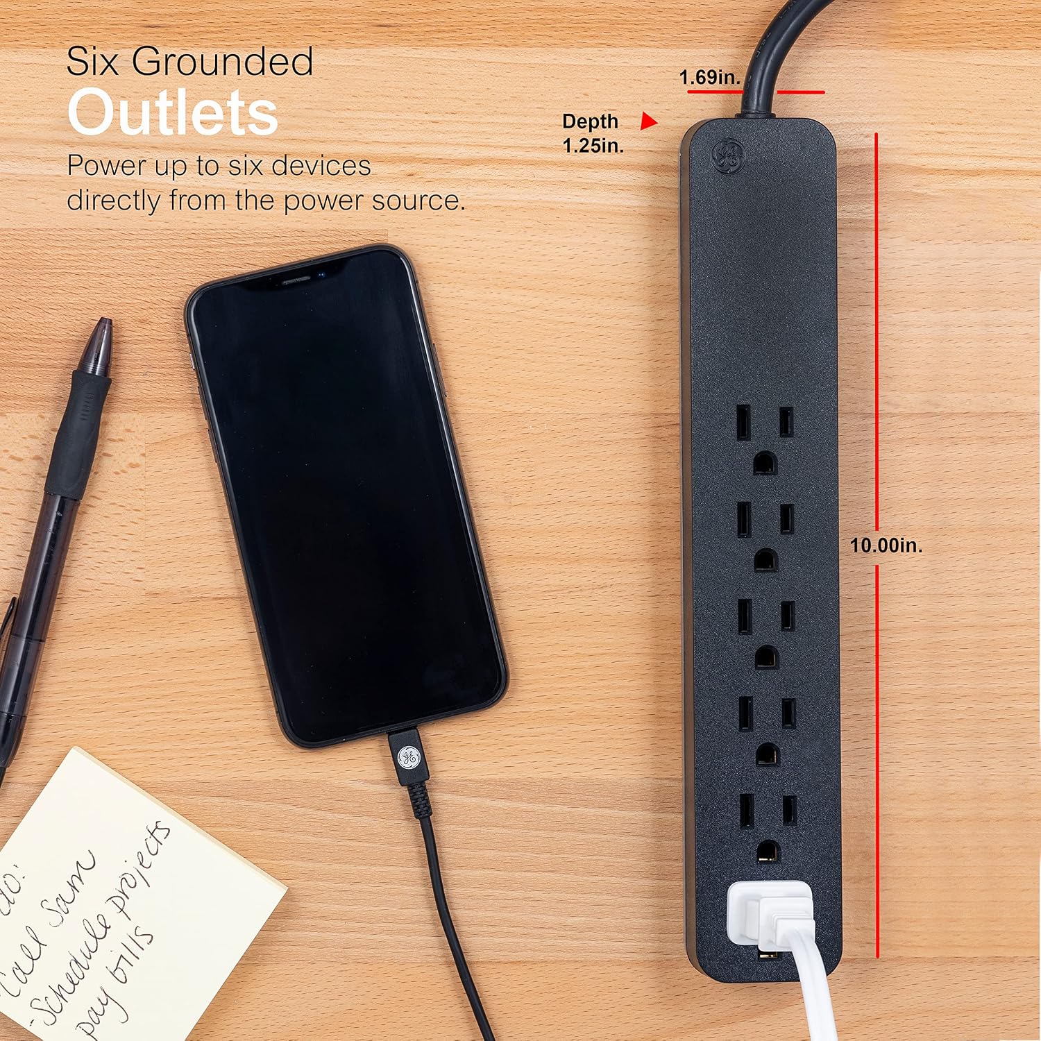 GE 6 Outlet Surge Protector Power Strip 8FT Cord 1560J Flat Plug Black