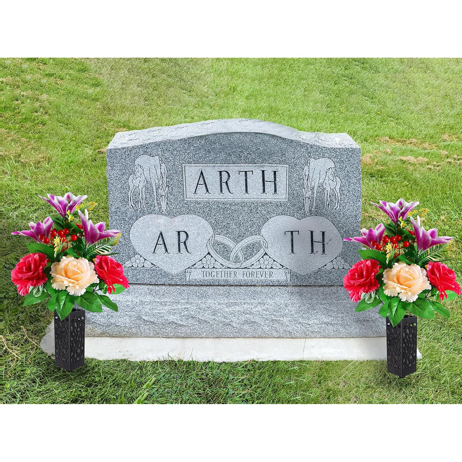 2 Sets Vibrant Cemetery Flowers - Beautiful Grave Decorations With Artificial Roses And Silk Flowers (Red, 2 Bouquets)