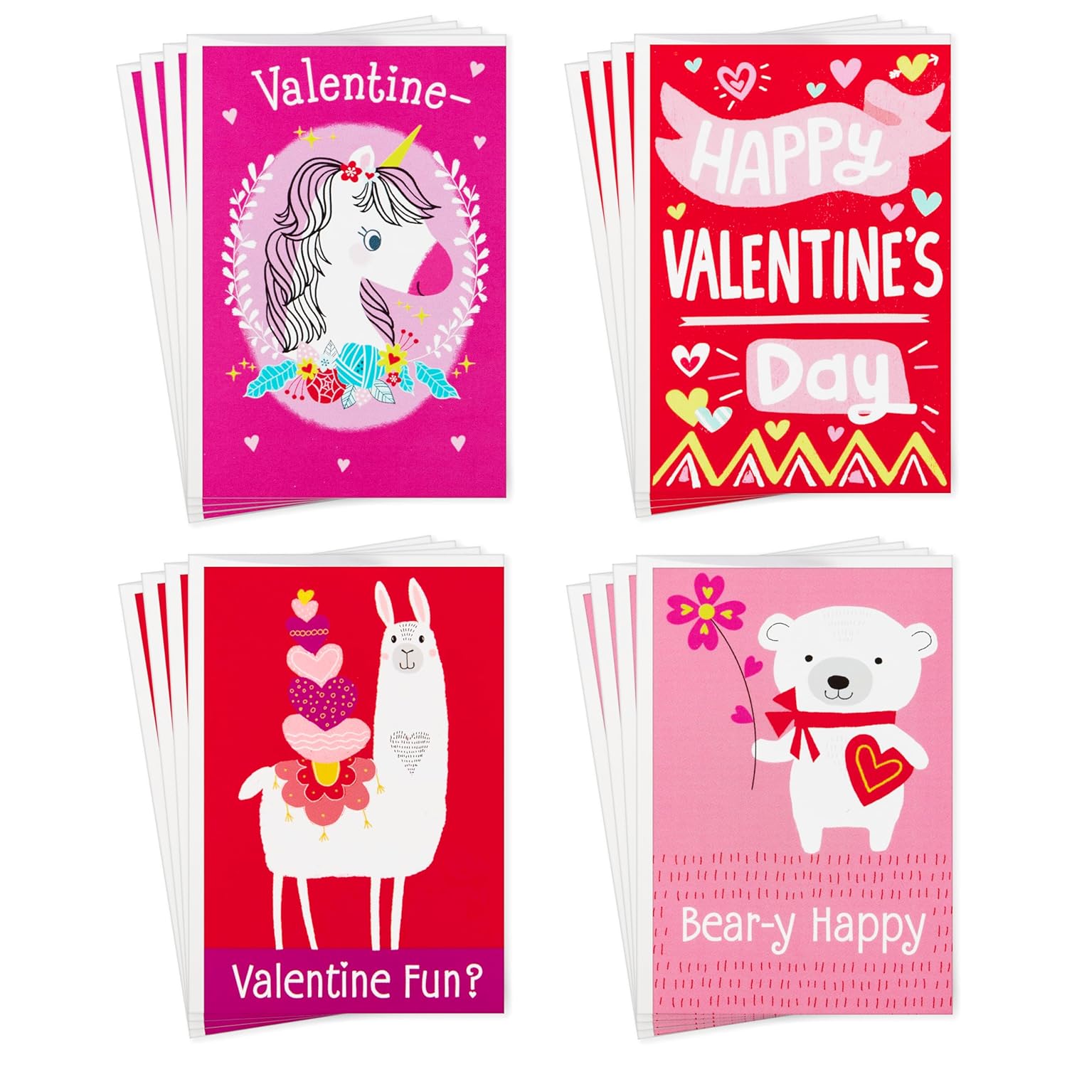 Hallmark Assorted Valentines Day Cards for Kids, 12 Cards with Envelopes (Unicorns, Bears, Llamas)