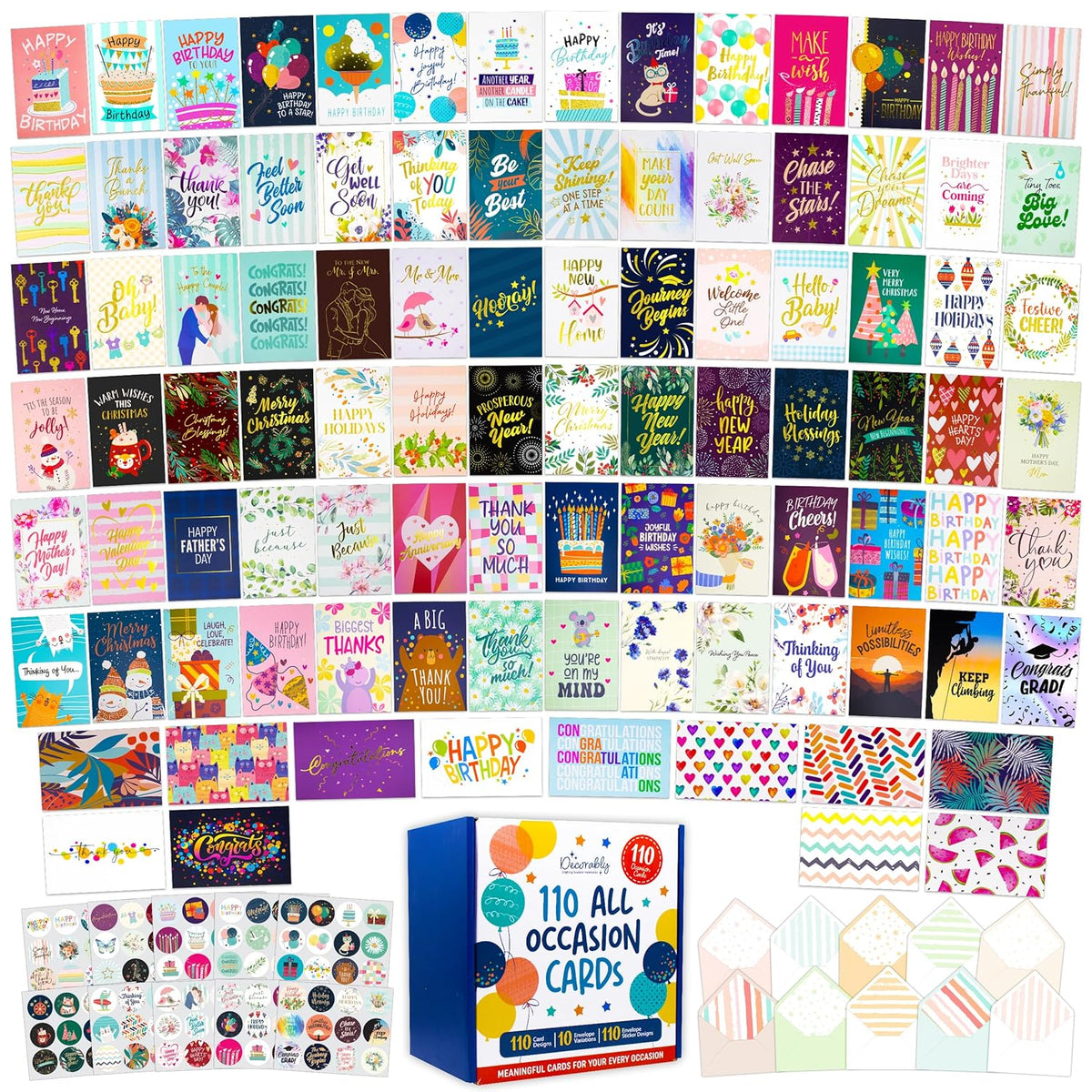 110 Pack Gold Foiled & Glittery 5X7In All Occasion Cards Assortment Box With Envelopes & Stickers, 110 Folded Unique Designs For Friends & Family With Printed Message - Gifting, Mailing
