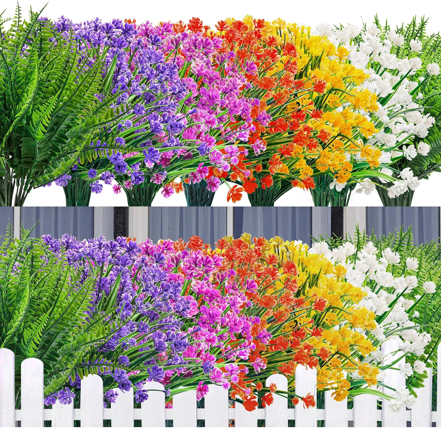 24 Bundles Uv Resistant Artificial Flowers For Outdoors Faux Ferns Fake Plastic Flowers For Spring Home Garden Courtyard Patio Front Porch Decor