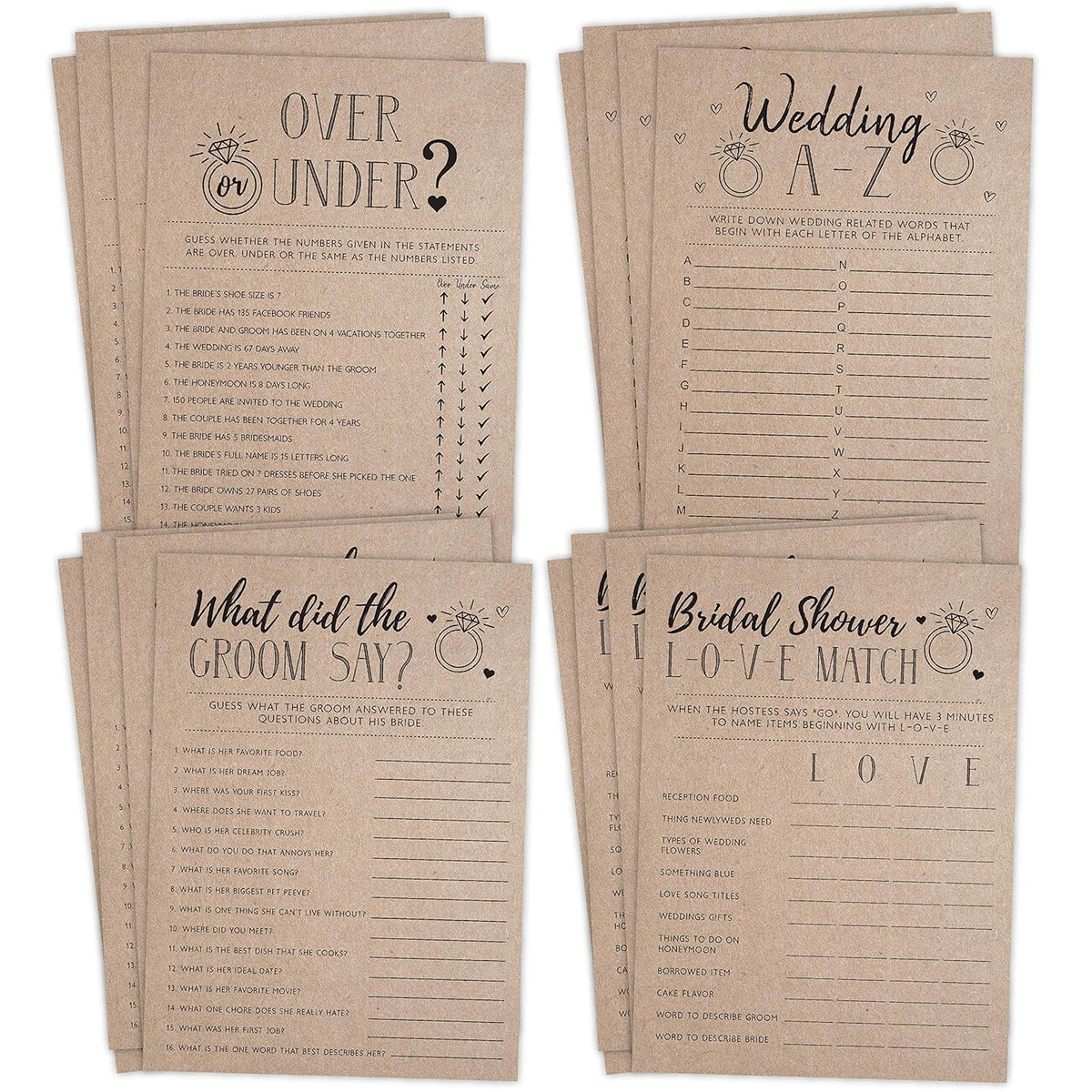 Bridal Shower Games For Wedding, Rustic Kraft, Word Match, What Did The Groom Say, Over And Under, Wedding Alphabet, 25 Games Each