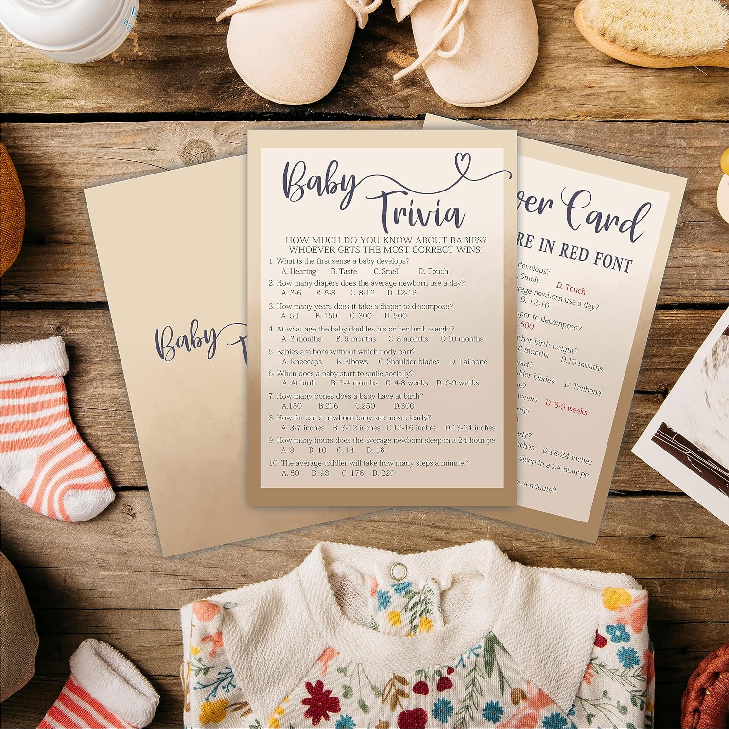 Baby Trivia Game Card For Baby Shower, 5"X 7" Khaki Double Sided Fill-In Game Set For Baby Boy Or Girl, 30 Cards & 1 Answer Card, Gender Reveal Games, Party Favor & Decorations - F6