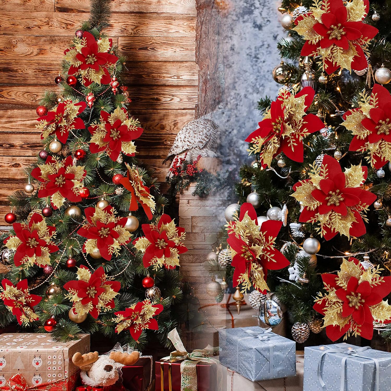 15 Pcs Red Poinsettia Flower Artificial Poinsettias With Clips Christmas Decorations Glitter Poinsettia Christmas Ornaments Xmas Tree Flower Decor With Stems Diy Xmas Wreath Home Holiday Party