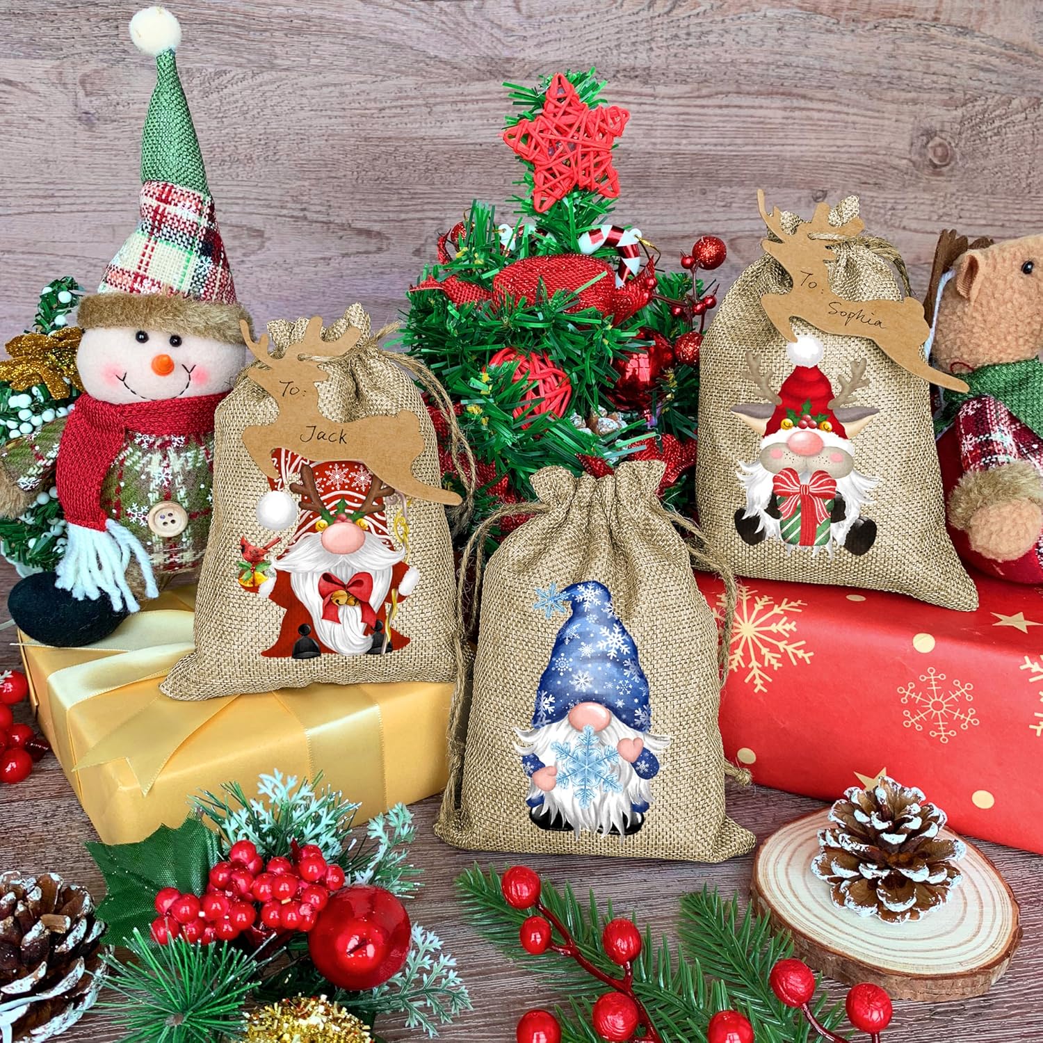 Christmas Burlap Gift Bags With Drawstrings 24Pcs, Watercolor 12 Designs Christmas Gnome Linen Wrapping Bags, Small Christmas Treat Candy Bags For Holiday Party Favor Supplies