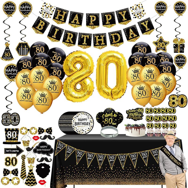 80Th Birthday Decorations For Men Women - (76Pack) Black Gold Party Ba