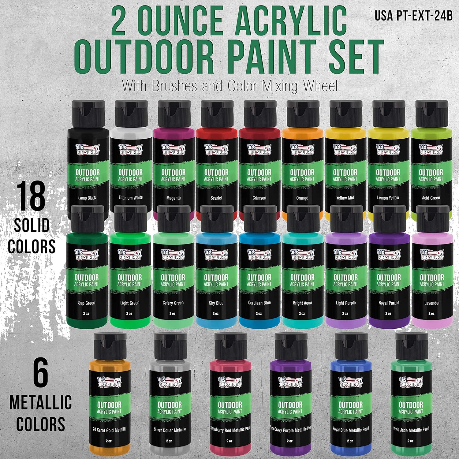 Professional 24 Color Outdoor Acrylic Paint Set, 2Oz Bottles, With 7 Brush Kit - Vivid Colors For Painting Canvas, Rocks, Wood Crafts, Toys