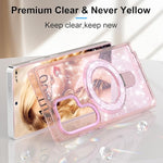 Pink glitter Galaxy S25 Ultra case with kickstand, bracelet, and shockproof protection.