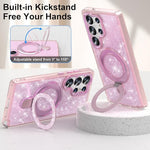 Pink glitter Galaxy S25 Ultra case with kickstand, bracelet, and shockproof protection.