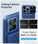 iPhone 16 Pro Case with Card Holder, Slide Camera Cover, Military-Grade Protection, Blue