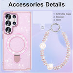 Pink glitter Galaxy S25 Ultra case with kickstand, bracelet, and shockproof protection.