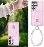 Pink glitter Galaxy S25 Ultra case with kickstand, bracelet, and shockproof protection.