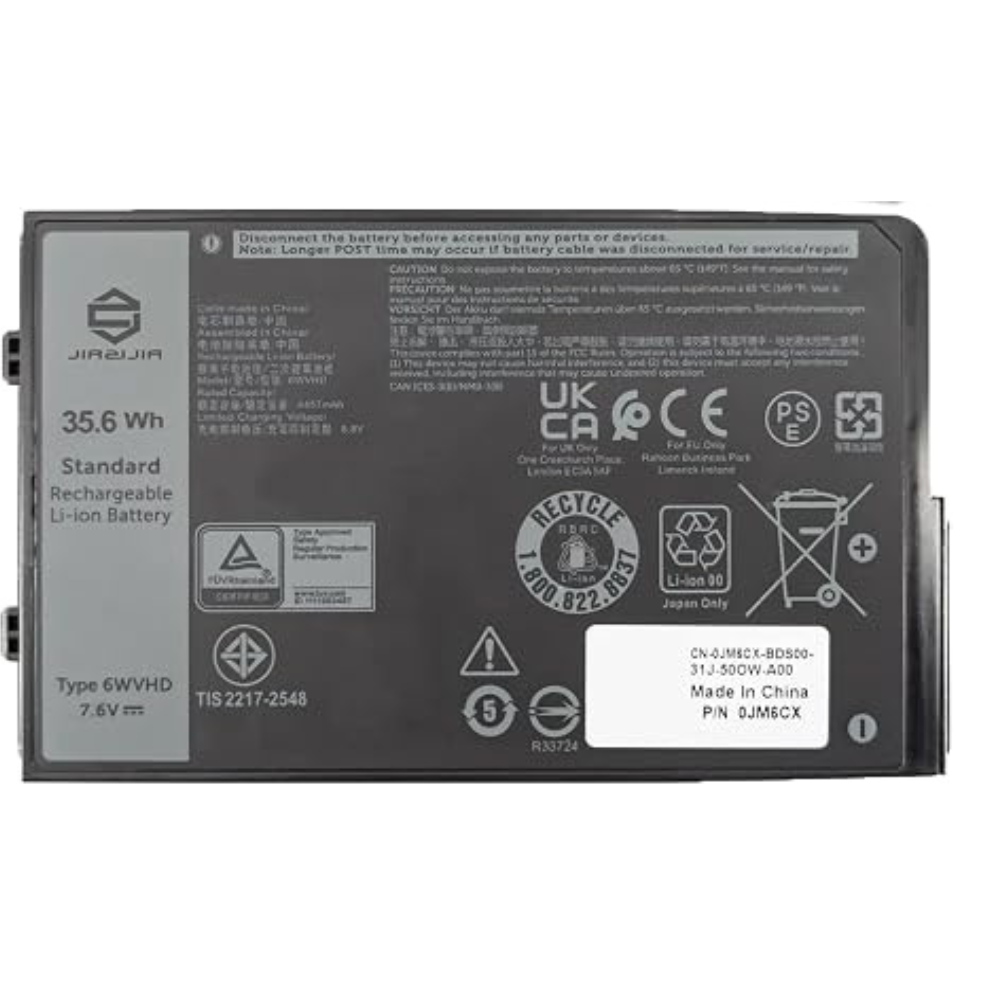 6WVHD 7.6V 35.6Wh Replacement Laptop Battery for Dell Latitude 7230 Rugged Extreme Tablet