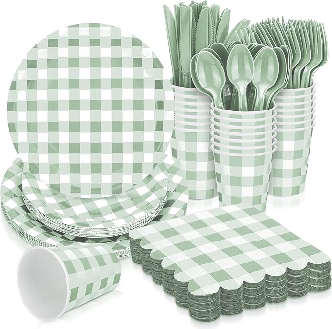 168-Piece Sage Green Gingham Party Supplies Set - Plates, Cups, Cutlery for 24