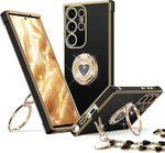 Black Galaxy S25 Ultra case with bling heart design, double ring stand & protection.