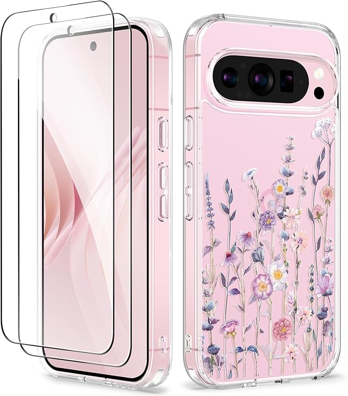 Clear Floral Slim Shockproof Case for Pixel 9/9 Pro + 2X Screen Protector