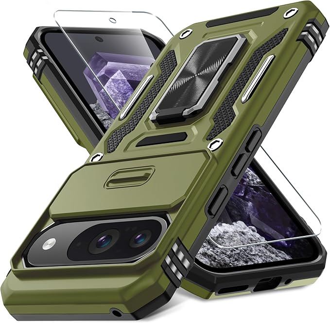 Olive Green Shockproof Case for Pixel 9/9 Pro, Slide Camera Cover, Kickstand