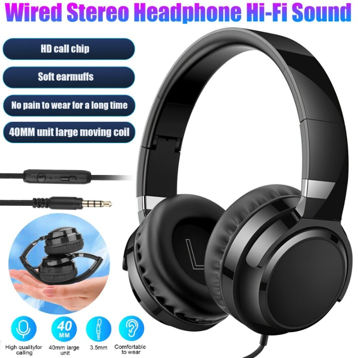 3.5mm Portable Wired Headphones Over-Ear Stereo Hi-Fi Headset Foldable Earphones