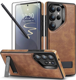 Brown leather Galaxy S25 Ultra case with MagSafe, strong magnets & kickstand.