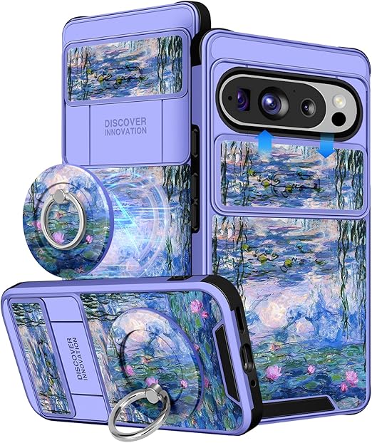 Cute Kawaii Blue Water Lily Case for Google Pixel 9 Pro XL with Ring Stand