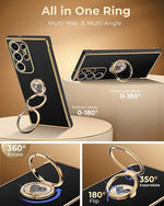 Black Galaxy S25 Ultra case with bling heart design, double ring stand & protection.