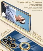 Blue Galaxy S25 Ultra case with gold edges, ring stand, and 2 screen protectors.