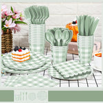 168-Piece Sage Green Gingham Party Supplies Set - Plates, Cups, Cutlery for 24