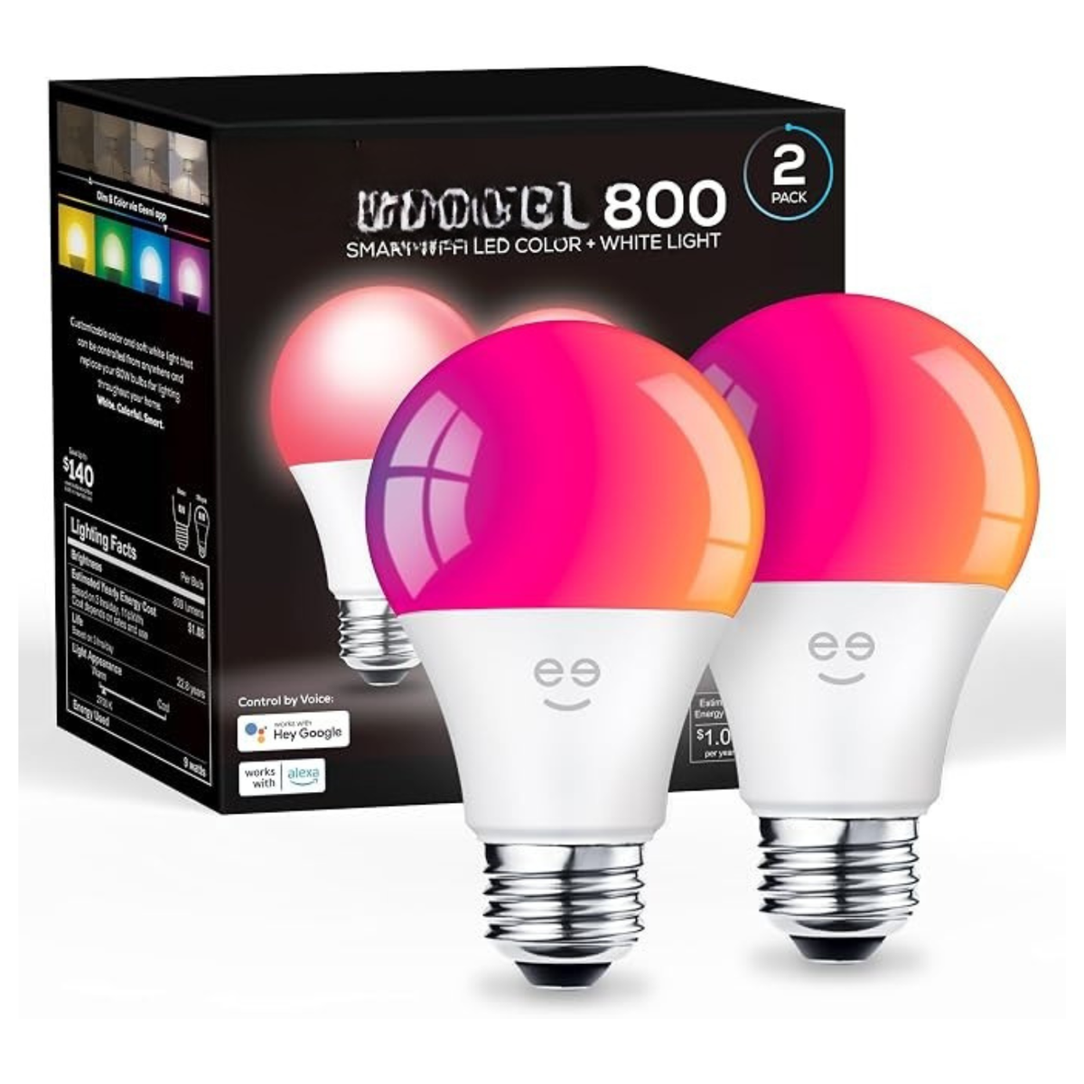 Smart Light Bulbs 2 Pack A19 RGBW Color Changing LED 800LM Dimmable Alexa Google Home Compatible