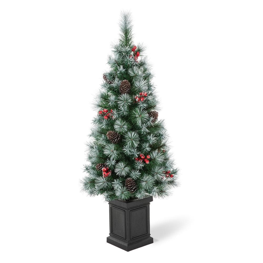 4 ft. Pre-Lit Pine Artificial Christmas Porch Tree with 80 Warm White Lights, Pine Cones and Red Berries