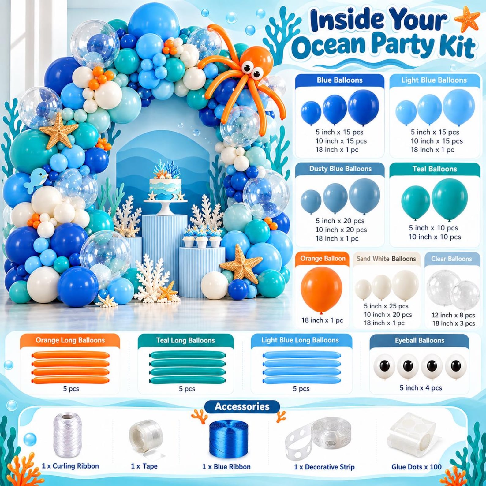 304 Piece Under The Sea Ocean Balloon Arch Kit for Theme Party Decorations
