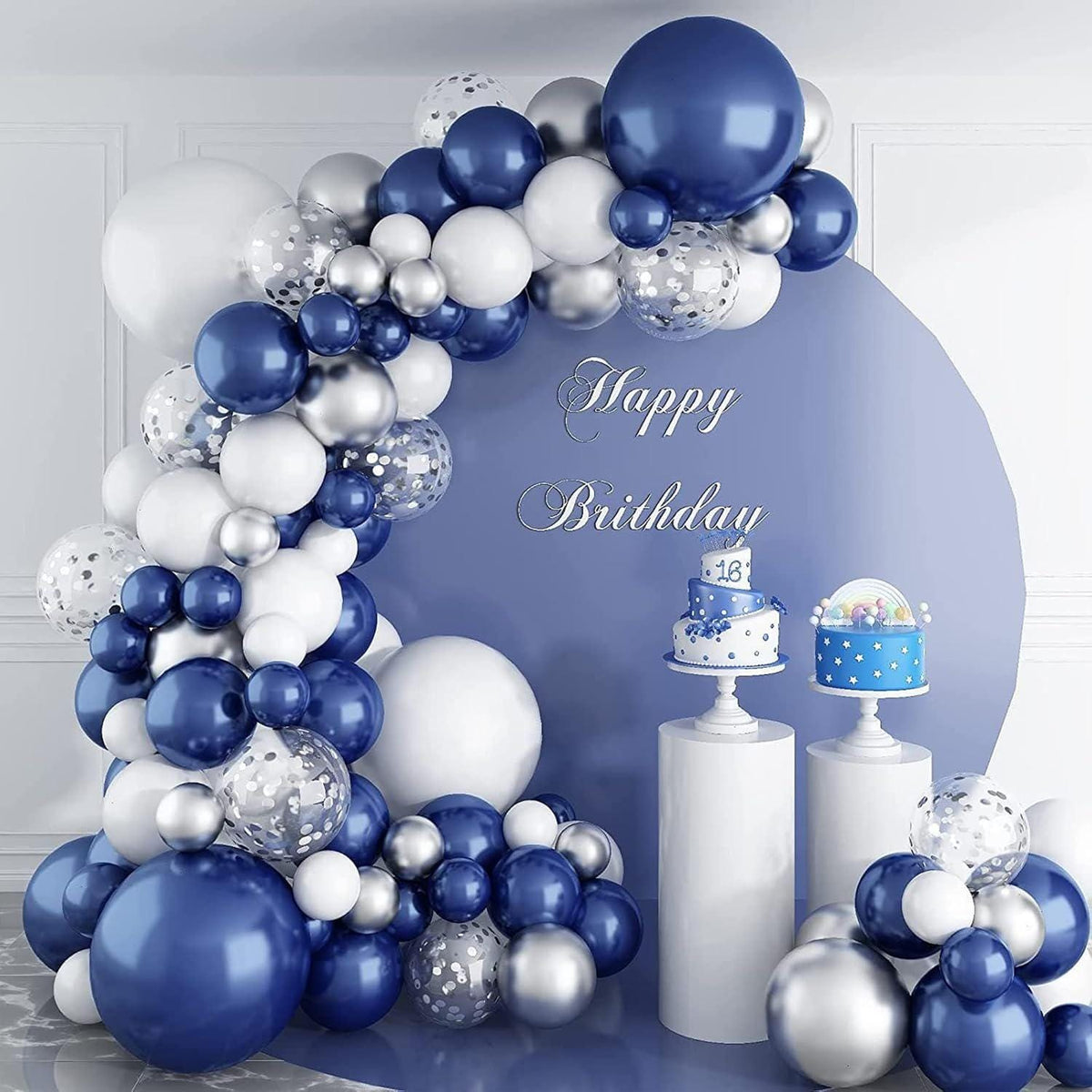 Navy Blue Silver Balloon Arch Kit, White Confetti Garland, Party Decor