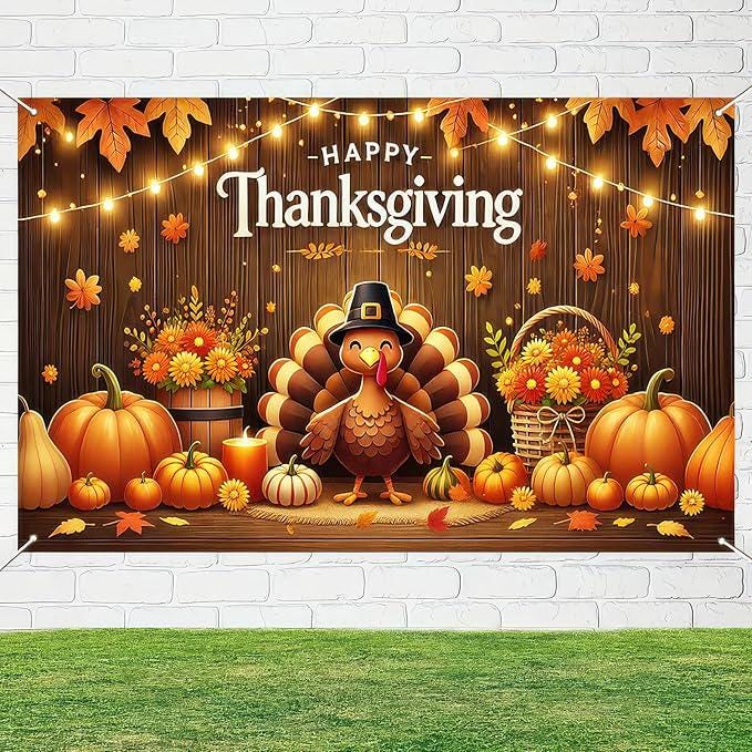Happy Thanksgiving Backdrop Pumpkin Turkey Maple Leaves Fall Party Decorations
