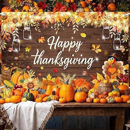 Happy Thanksgiving Backdrop Pumpkin Turkey Sunflower Wooden Fall Party Decor