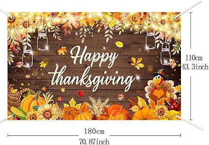 Happy Thanksgiving Backdrop Pumpkin Turkey Sunflower Wooden Fall Party Decor