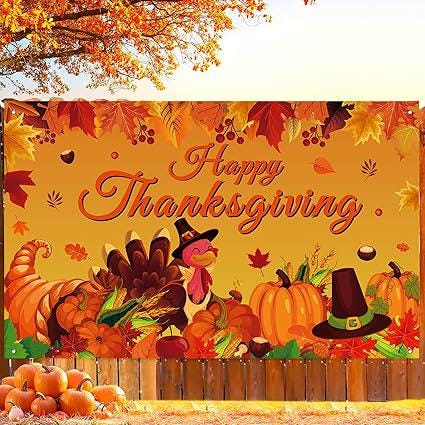 Happy Thanksgiving Photo Backdrop Fall Maple Leaves Turkey Pumpkin Party Banner