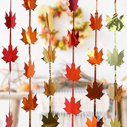 Fall Decor 2 Pack Red Gold Orange Maple Leaves Foil Fringe Backdrop Thanksgiving Party