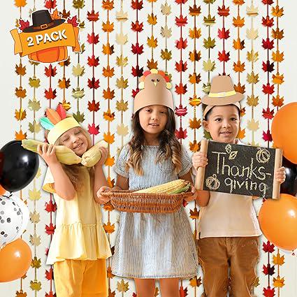 Fall Decor 2 Pack Red Gold Orange Maple Leaves Foil Fringe Backdrop Thanksgiving Party