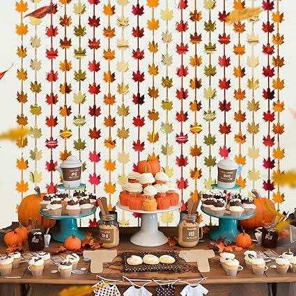 Fall Decor 2 Pack Red Gold Orange Maple Leaves Foil Fringe Backdrop Thanksgiving Party