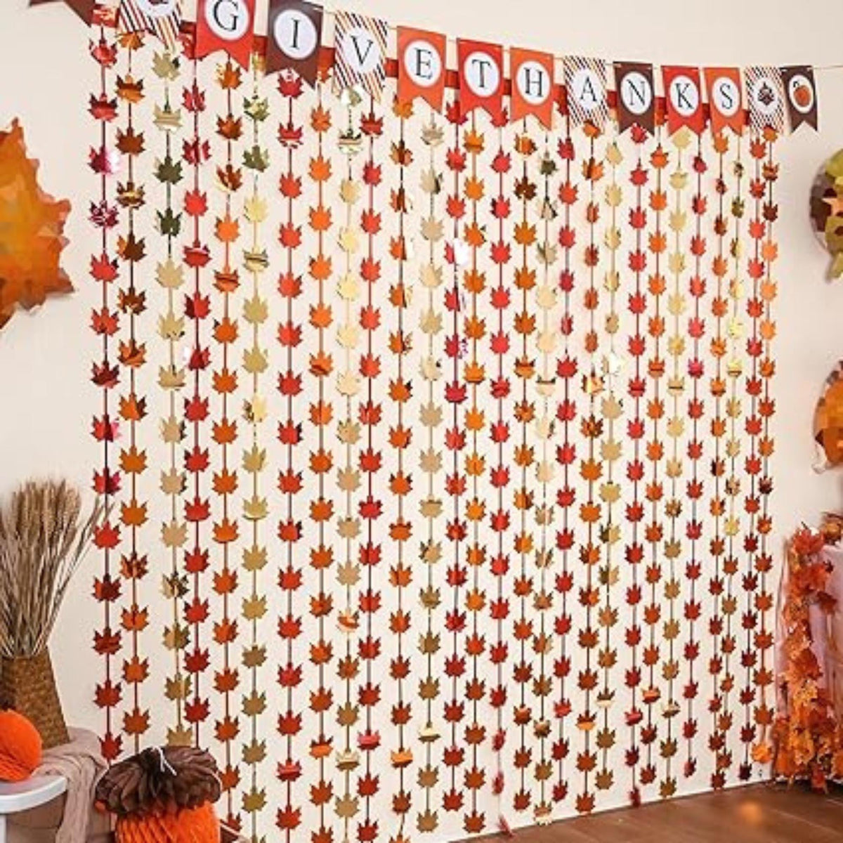 Fall Decor 2 Pack Red Gold Orange Maple Leaves Foil Fringe Backdrop Thanksgiving Party
