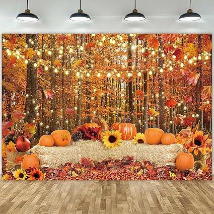 7x5FT Polyester Fall Backdrop Autumn Leaves Pumpkins Thanksgiving Photo Background