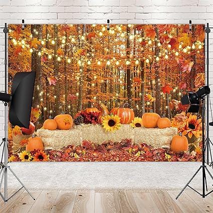 7x5FT Polyester Fall Backdrop Autumn Leaves Pumpkins Thanksgiving Photo Background