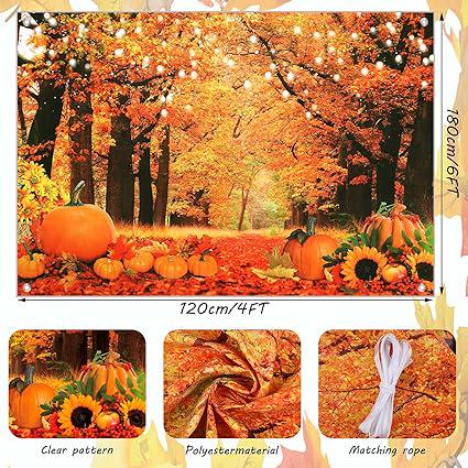 Thanksgiving Photo Backdrop Fall Autumn Forest Harvest Pumpkins Tree Leaves Party Banner 6x4FT