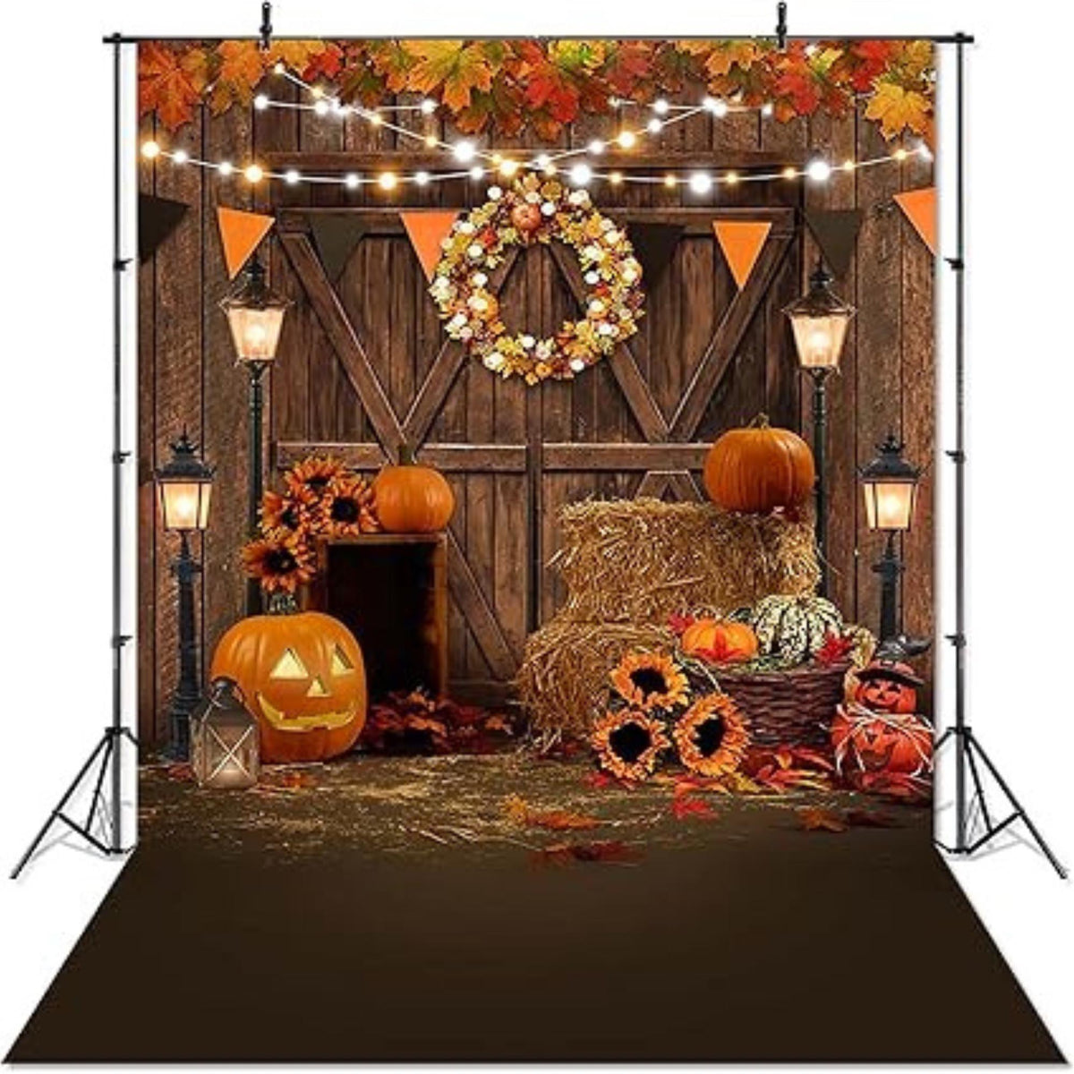 Fall Thanksgiving Backdrop Pumpkin Harvest Barn Maple Leaves Rustic Door Photo Studio 5x7ft
