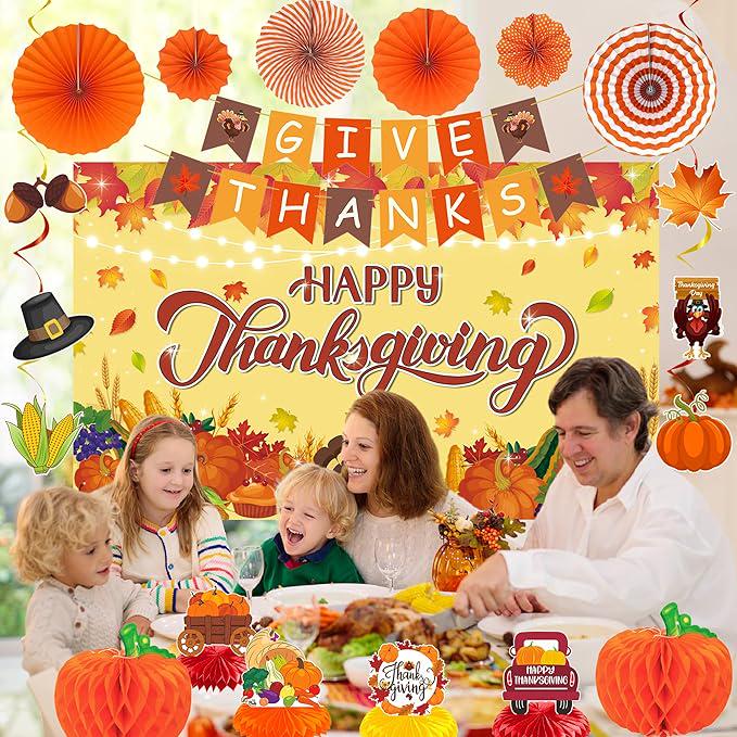 Thanksgiving Party Decorations Orange Happy Thanksgiving Banner Pumpkin Turkey Maple Leaf Set 20PC