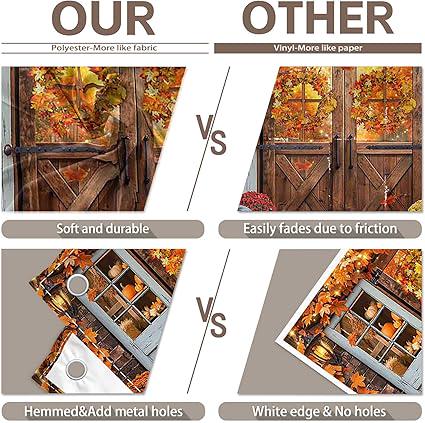 7x5ft Autumn Fall Backdrop Rustic Barn Door Pumpkins Maple Leaves Thanksgiving Party Banner