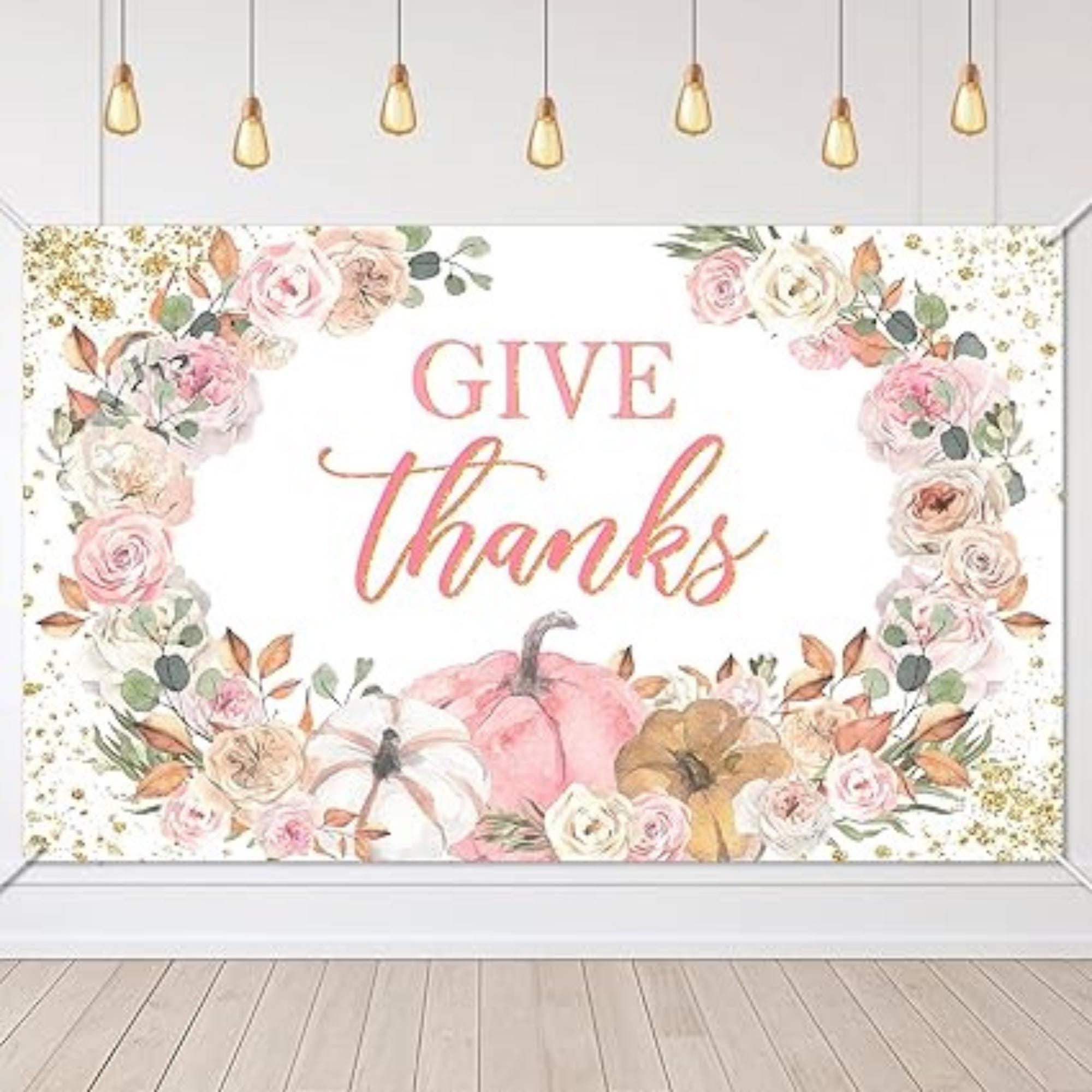 Give Thanks Banner Pink Pumpkin Floral Backdrop Fall Thanksgiving Party Photo Background