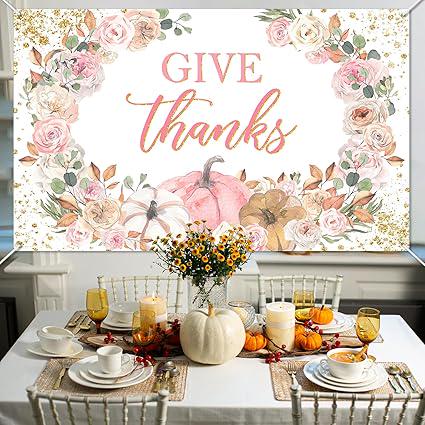 Give Thanks Banner Pink Pumpkin Floral Backdrop Fall Thanksgiving Party Photo Background